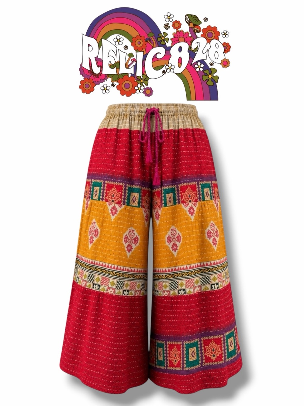 Relic828 Kantha  Artwork Women’s Bohemian Patchwork Wide Leg Palazzo Pants in OS
